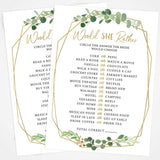 Printed Party Bridal Shower Game, Would She Rather, Greenery, 50 Cards Would She Rather Game