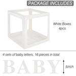 RUBFAC Baby Boxes with 4 Sets of Letters for Baby Shower, Clear Baby Shower Block Boxes with 16 Letters for Gender Reveal Decorations Birthday Party (4pcs White) A-white