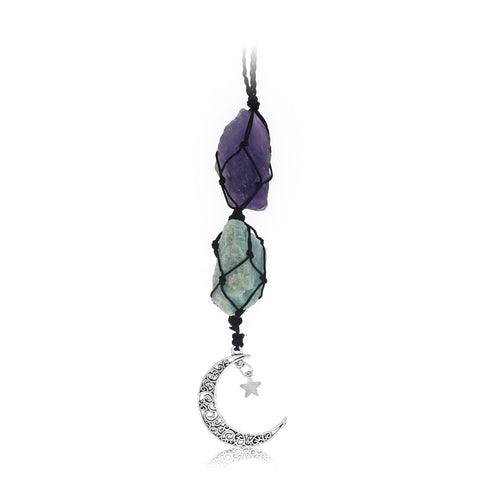 BOHO GARDEN Hanging Car Charm - Amethyst & Amazonite - Dangling Moon & Healing Crystal Accessories, Rearview Mirror Decorations - Balance, Intuition, Spirituality, Self-Love, Honesty, Clarity, Energy Amethyst-amazonite