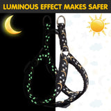 PUPTECK Small Dog Harness Collar Leash Set - No Pull 3 Pieces Adjustable for Puppy Medium Doggie Daily Walking Running Hiking and Training, Glow in The Dark with Star and Moon Pattern Black