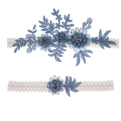 Wedding Garters Set Lace bridal garter belt stretchy Floral Garter for bride Blue-3 M(16"-20.5")