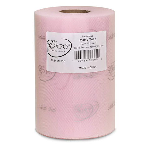 Expo International Decorative Matte Tulle, Roll/Spool of 6 Inches X 100 Yards, Polyester-Made Tulle Fabric, Matte Finish, Lightweight, Versatile, Washable, Easy-to-Use ; Light Pink