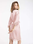 AW BRIDAL Women's Silk Robe Satin Robe with Lace Trim∣Bridal Party Robe Bridesmaids Robes Bride Robe for Wedding Day, S-XL Pink Medium