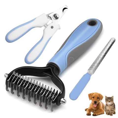 YUEARN Pet Deshedding Brush Double Sided Undercoat Rake Comb for Dogs and Cats Grooming Shedding and Dematting Tool Removes Knot & Tangled Hair Grooming Kit with Nail Clippers Trimmers (Blue) Blue