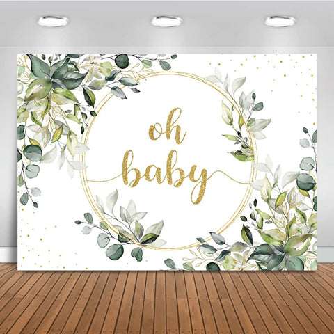 Mocsicka Greenery Baby Shower Backdrop Gold Oh Baby Background Green Eucalyptus Baby Shower Party Cake Table Decoration Banner Photo Booth Props (7x5ft) 7x5ft