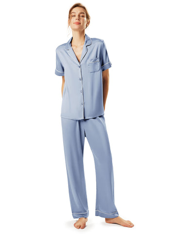 AW BRIDAL Womens Satin Pajama Set Soft Short Sleeve Silk Pajamas Button Down Loungewear Sleepwear Two Piece Pj Sets, S-XL Blue Shadow Medium