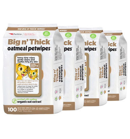 Petkin Pet Wipes for Dogs and Cats, 400 Wipes (Large) - Oatmeal Pet Wipes for Dogs and Cats - Soothes Itchy Dry Skin and Cleans Ears, Face, Butt, Body and Eye Area - 4 Packs of 100 Wipes