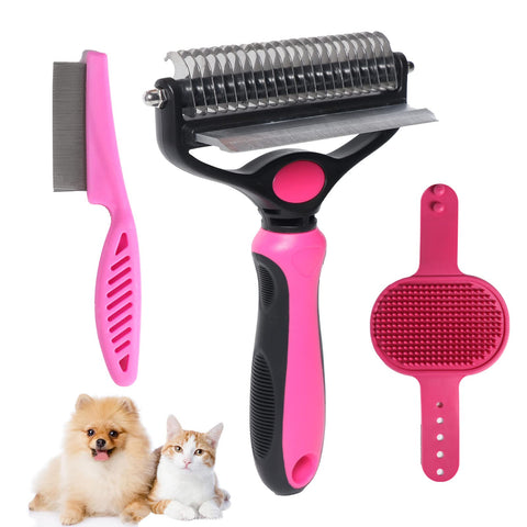 M JJYPET Dog Cat Brush 2 in 1 Pet Undercoat Rake Grooming Tool for Deshedding,Pet Dog Grooming Brush, Mats &Tangles Removing Shedding Dematting Comb for Large Small DogsCats’ Long/Short Hair Remover L Rose red