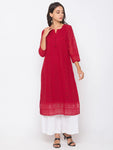 ZOLA Exclusive Georgette Round Neck with 3/4Th Sleeves and Calf Length Luckhnowi Chikan Kari Kurta with Button Placket On Yolk Ethnic Wear Straight Kurta for Women