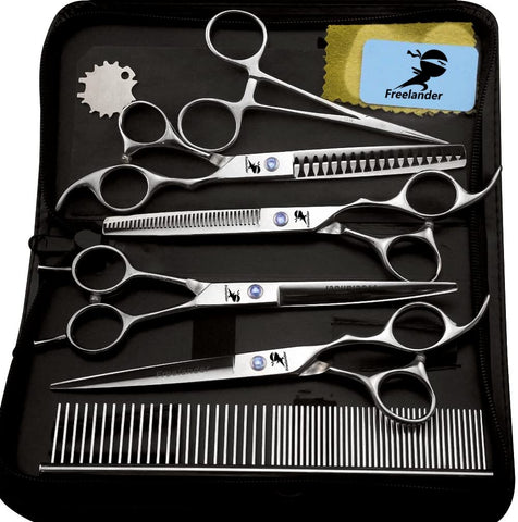 7 "Professional pet grooming kit, direct and thinning scissors and curved pieces 4 pieces Kit for Pet Grooming Services (Silver) Silver