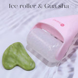 Ice Roller for Face and Gua Sha Facial Tools, BAIMEI Ice Face Roller Reduces Puffiness Migraine Pain Relief-Pink Pink white roller and Green guasha