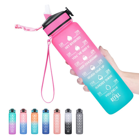 Hyeta 32 oz Water Bottles with Times to Drink and Straw, Motivational Water Bottle with Time Marker, Leakproof & BPA Free, Drinking Sports Water Bottle for Fitness, Gym & Outdoor Pink-Green