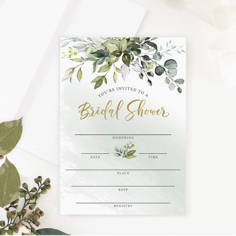 Printed Party Bridal Shower Invitations and Envelopes, Greenery, Set of 25