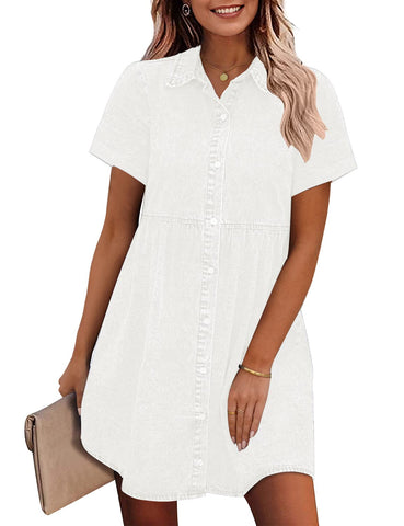 GRAPENT Denim Dress for Women Babydoll Tiered Short Sleeve Button Down Jean Shirt Dresses Small Brilliant White