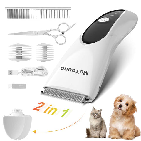 MoYouno Dog Clippers for Grooming Pet Hair Trimmer for Cats Rabbits, 2 in 1 Rechargeable Grooming Shaver for Thick Coats Small Areas, Low Noise Cordless Dog Home Grooming Kit with Guide Combs Scissors