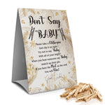 Don't Say Baby Clothespin Games Sign(1 Sign + 50 Mini Clothespins), Baby Shower Games, Golden Leaf,Gender Neutral Baby Shower (4D)