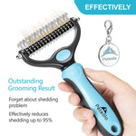 Peteola Pet Grooming Brush - 2 Sided Undercoat Rake for Cats & Dogs Comb - No More Nasty Shedding and Flying Hair - The Safe Dog Hair & Cat Hair Shedding Tool (Blue) blue