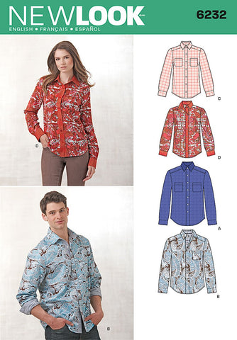 Simplicity Creative Patterns New Look 6232 Misses' and Men's Button Down Shirt, A (8-18/X-Small-X-Large)