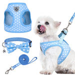 Dog Harness and Leash Bow-tie Collar Set - Adjustable Polka Dot Dog Harness with Reflective Design, Quick Release & Escape-Proof Vest Harness with Breathable Mesh for Tiny Puppies and Small Dogs XS/S Blue