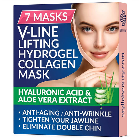 7 Piece V Line Shaping Face Masks – Double Chin Reducer - Lifting Hydrogel Collagen Mask with Aloe Vera – Anti-Aging and Anti-Wrinkle Band 7 Count (Pack of 1)