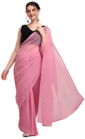 Womanista Women's Accordion Pleated Georgette Sarees (WA030_Pink)
