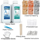 Epoxy Resin Clear Crystal Coating Kit 17.6oz - 2 Part Casting Resin for Art, Craft, Jewelry Making, River Tables, Bonus Gloves, Measuring Cup, Wooden Sticks, Gold Foil Flakes and Tweezers
