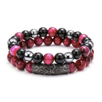 2Pcs Triple Protection Bracelet,Natural Tigers Eye Black Obsidian and Hematite 8 MM Beads Bracelet for Men Women Gift, Healing Crystal Bracelet Bring Luck and Prosperity and Happiness (Rose Red) Rose Red