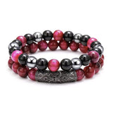 2Pcs Triple Protection Bracelet,Natural Tigers Eye Black Obsidian and Hematite 8 MM Beads Bracelet for Men Women Gift, Healing Crystal Bracelet Bring Luck and Prosperity and Happiness (Rose Red) Rose Red