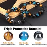 Tiger Eye Triple Protection Bracelet, Hematite Black Obsidian Tiger Eye Bracelet for Men Women Stone 10mm Bead Crystal Healing Bracelet, Anti-anxiety Bracelet A-Blue Tiger Eye