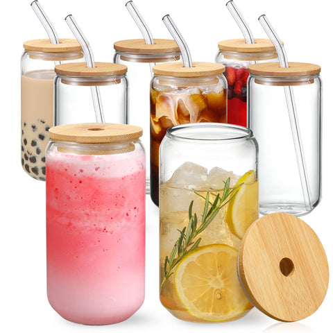 [ 8pcs Set ] Drinking Glasses with Bamboo Lids and Glass Straw - 16oz Can Shaped Glass Cups, Beer Glasses, Iced Coffee Glasses, Cute Tumbler Cup, Ideal for Cocktail, Whiskey, Gift - 2 Cleaning Brushes 8glasses&8straws&8lids