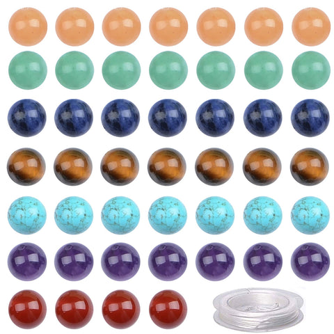 80Pcs Natural Crystal Beads Stone Gemstone Round Loose Energy Healing Beads with Free Crystal Stretch Cord for Jewelry Making (7-Chakra Beads, 10MM) Seven Chakra Beads
