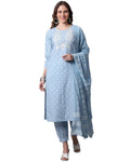 Rajnandini Women's Sky Blue Pure Cambric Cotton Jaipuri Printed & Embroidered Kurta Set With Dupatta (JOPLJPR824-P)