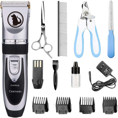 Ceenwes Dog Clippers Low Noise Pet Clippers Rechargeable Dog Trimmer Cordless Pet Grooming Tool Professional Dog Hair Trimmer with Comb Guides Scissors Nail Kits for Dogs Cats & Other(Silver) Silver