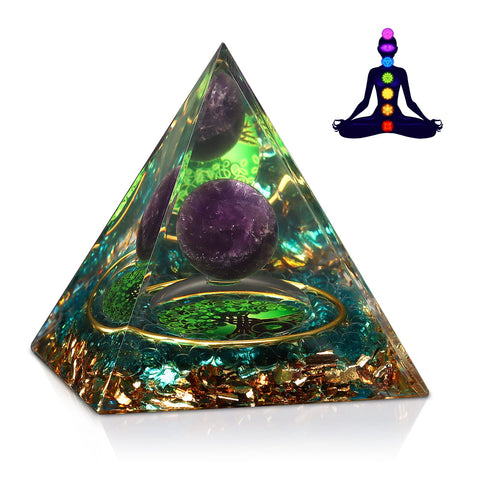 Orgonite Healing Crystal and Stone Orgone Pyramid Amethyst Sphere Life Tree Blance Chakras Pyramid Meditation Aids Sleep, Health Protection Positive Energy Generator to Attract Wealth and Wisdom Green Tree