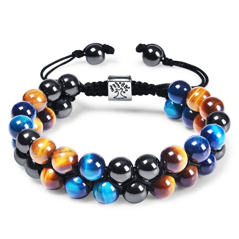 DHQH Triple Protection Bracelet 8/10MM Hematite Black Agate Tigers Eye Stone Bracelet Crystal Jewelry Healing Bead Bracelets for Men Bring Luck, Prosperity and Happiness F-8MM Triple Beads Double