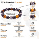 Triple Protection Bracelet for Women - Tiger Eye Bracelet Men, 10 mm Healing Protection Crystals, Hematite Crystal Beads of Hematite Bracelet, Black Obsidian Bracelet (Amethyst Necklace Gift) Triple