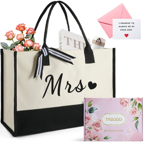 TRSODD Mrs Bride Can-vas Embroidery Tote Bag w Inner Pocket Gift Box Card Set, Bride Gifts, Bridal Shower Gift, Bachelorette Party, Bride Bag, Engagement Wedding Gifts, Miss to Mrs, Bride to be Gifts