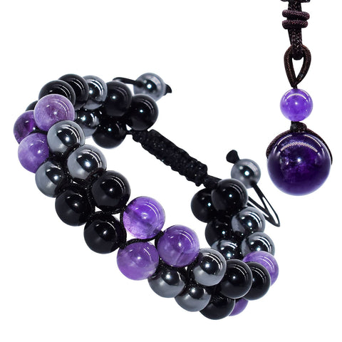 XonyiCos Triple Protection Bracelet,Made by hand Crystal Bracelet for Men Women Amethyst Beads Hematite and Black Obsidian Natural Stone 8mm Healing Bracelets Good Luck Prosperity Happiness