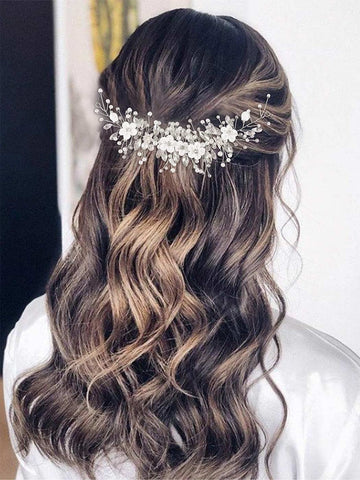 GORAIS Flower Bride Wedding Hair Vine Silver Rhinestone Bridal Headpiece Pearl Hair Piece Crystal Hair Accessories for Women and Girls