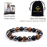 Crystal Vibe 8mm Triple Protection Bracelet - Beaded Bracelet with Natural Stones of Tiger Eye, Hematite, Black Obsidian - Elastic Adjustable Crystal Bracelet for Anxiety Relief, Spiritual Healing