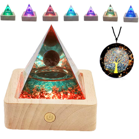 Orgonite Orgone Pyramid, Amethyst Orgone Pyramid for Positive Energy, Energy Pyramid Crystal Orgone Generator for Success & Wealth, Healing Crystal Stone Pyramid Spiritual Gifts for Women and Men Orgone Pyramid + 7 Color Light Base + 7 Chakra Necklace