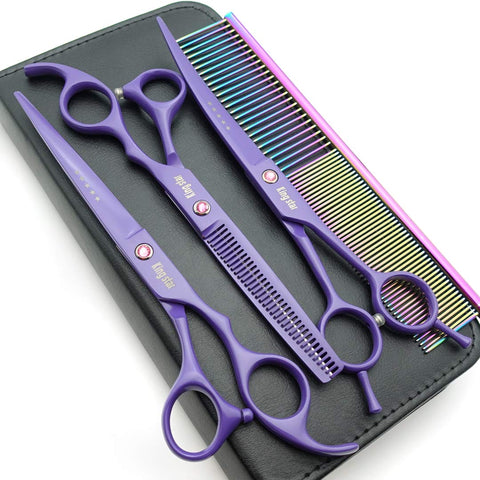 Kingstar 7.0in. Matt Purple Professional Pet Grooming Scissors Set,Straight & Thinning & Curved Scissors Set with Comb,case,A429 7 inches 7 Inches Purple Set