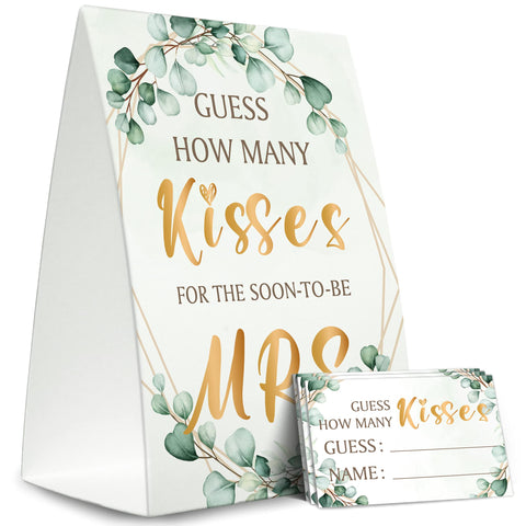 Bridal Shower Game Cards Kit (1 Standing Sign + 50 Guessing Cards),Greenery Golden,Guess How Many Kisses For The Soon To Be Mrs,Bridal Tribe Party - RH15