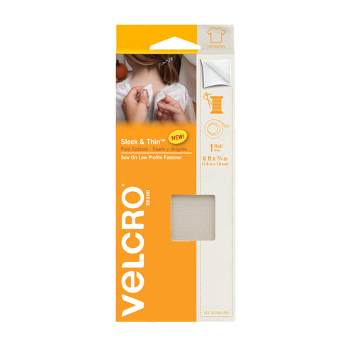 VELCRO Brand Sleek and Thin for Fabrics | 6ft x 3/4in Tape, White | Soft on Skin Ultra Light with Sewing Lane Technology, SEW ON