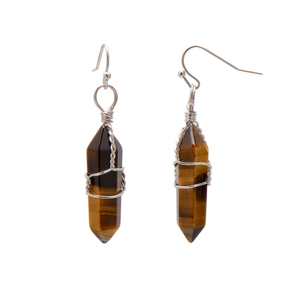 Natural Tiger Eye Wire Wrapped Point Crystal Earrings for Women Reiki Energy Healing Natural Tiger Eye