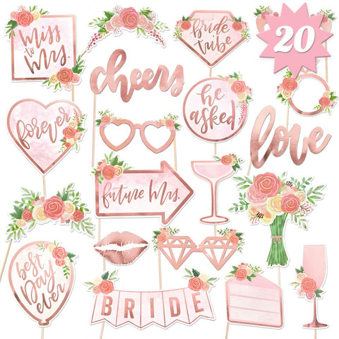 xo, Fetti Bridal Shower, Wedding Photo Booth Props - 20 Pieces, pre-Assembled - Rose Gold Bachelorette Party Decorations, Bride to Be, Miss to Mrs