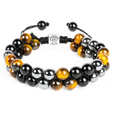 SIBOST Triple Protection Bracelet,Tiger's Eye,Obsidian,Hematite for Protection,Bring Luck and Happiness, 8mm Handmade Crystal Healing bracelet for Women Men Yellow