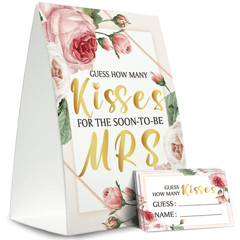 Bridal Shower Game Cards Kit (1 Standing Sign + 50 Guessing Cards), Greenery Blush Pink Floral,Guess How Many Kisses For The Soon To Be Mrs,Bridal Tribe Party - RH10