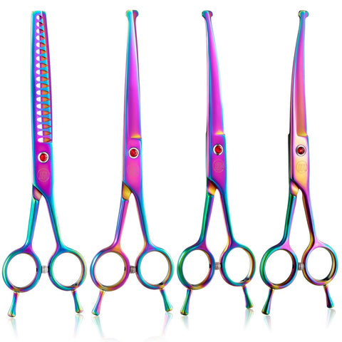 7" Dog Grooming Scissors Set, Reversible Trimming Thinning Chunkers, Curved , Straight Cat Pet Hair Cutting Shears with Safety Rounded Tip for Grooming Full Body, Professional Quality, Multi-colored Chunker Set-multicolor-rounded Tip