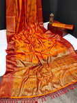 NK Textiles Women's Elephant Motifs Woven Kanjivaram Ghicha Tussar Silk Saree with Fancy Tassels